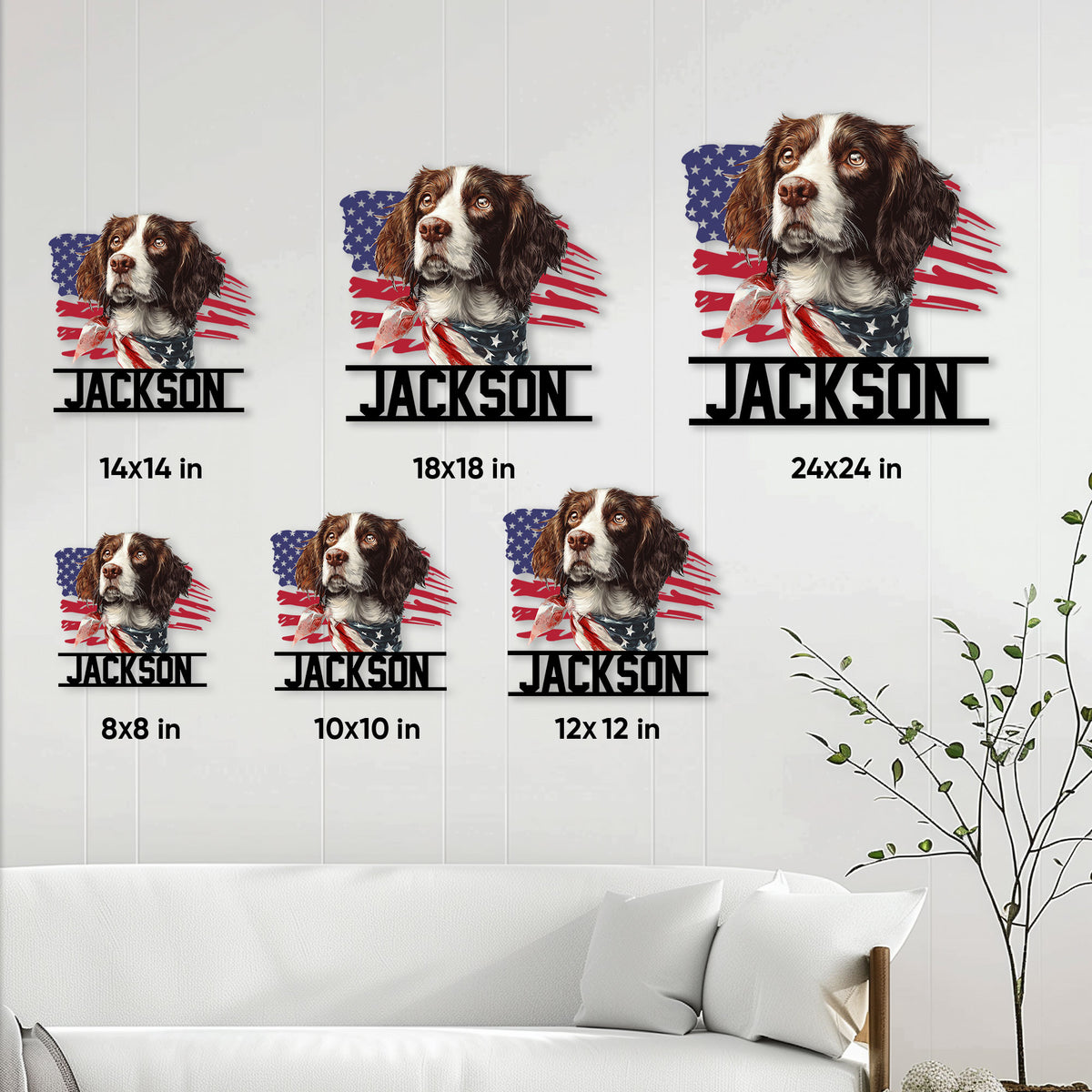 English Springer Spaniel metal sign size guide showing several available square size options