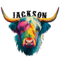 Colorful Highland Cow metal sign featuring a longhorned cow portrait with vivid multicolor fur