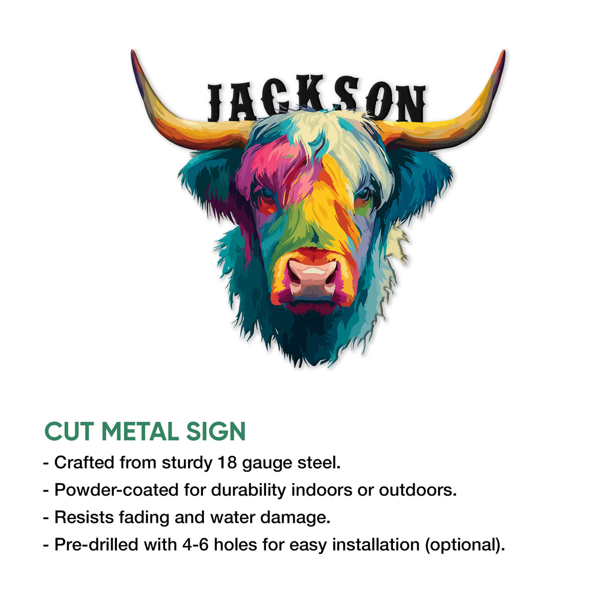 Highland Cow cut metal sign shown with product feature information for indoor and outdoor display