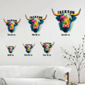 Highland Cow metal sign size guide showing multiple square size options in a living room setting