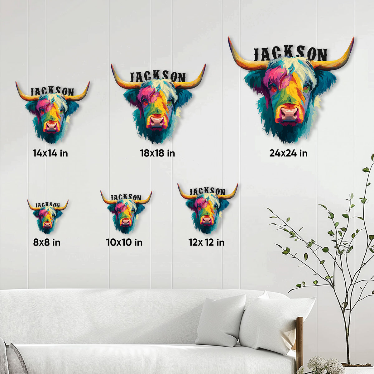 Highland Cow metal sign size guide showing multiple square size options in a living room setting