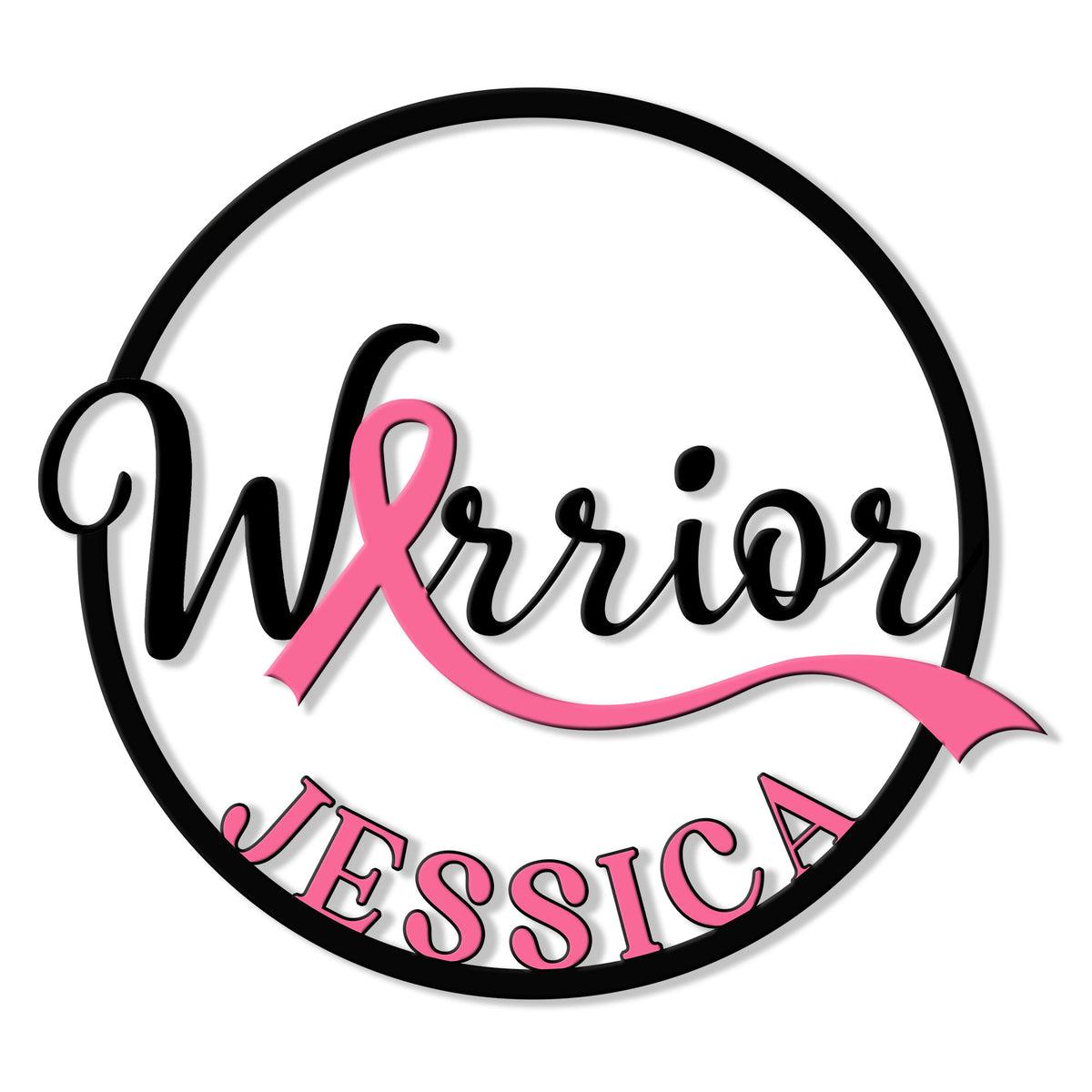 Round breast cancer metal sign with a pink ribbon forming the word Warrior in bold black and pink lettering