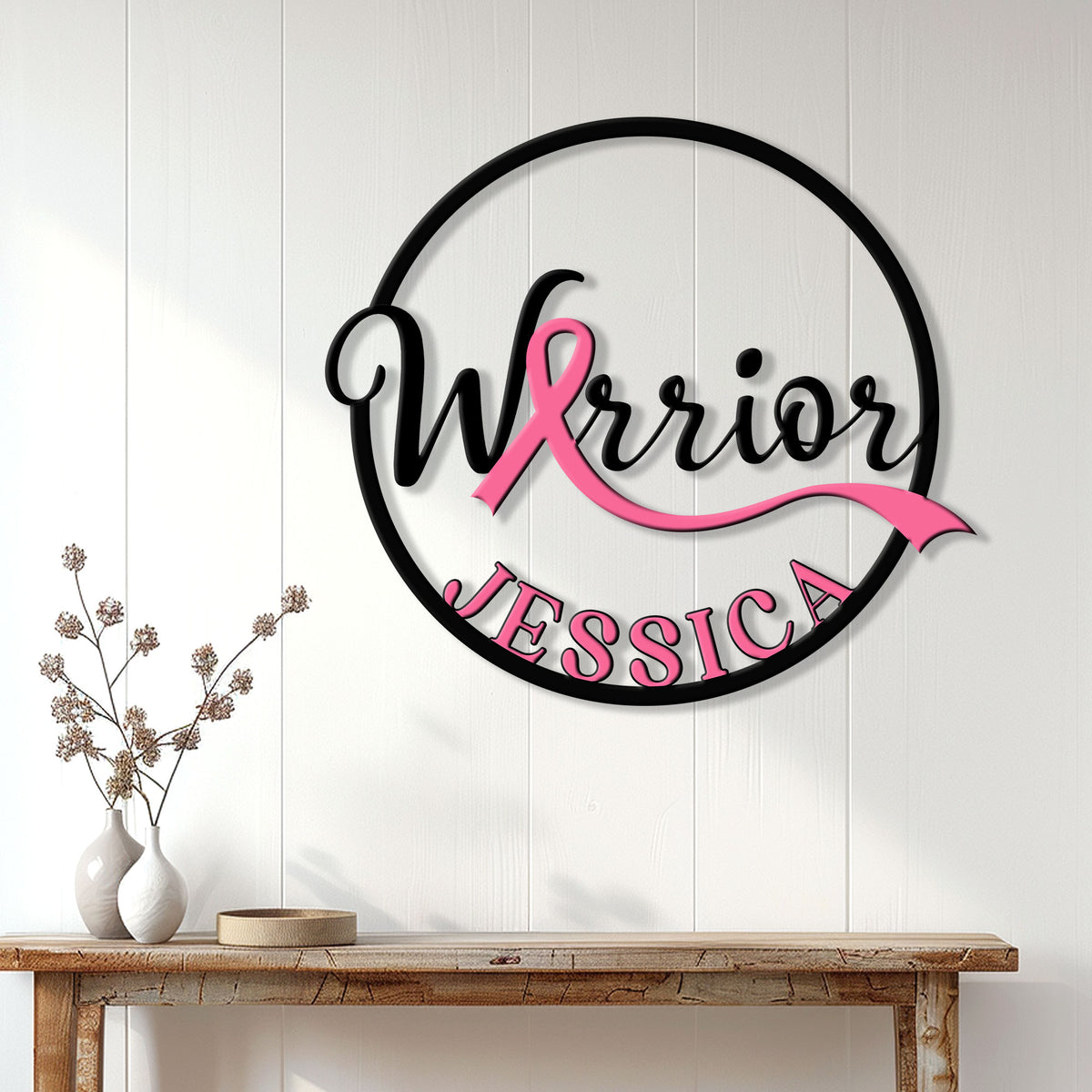 Breast cancer Warrior metal wall sign displayed above a console table in a bright home entryway
