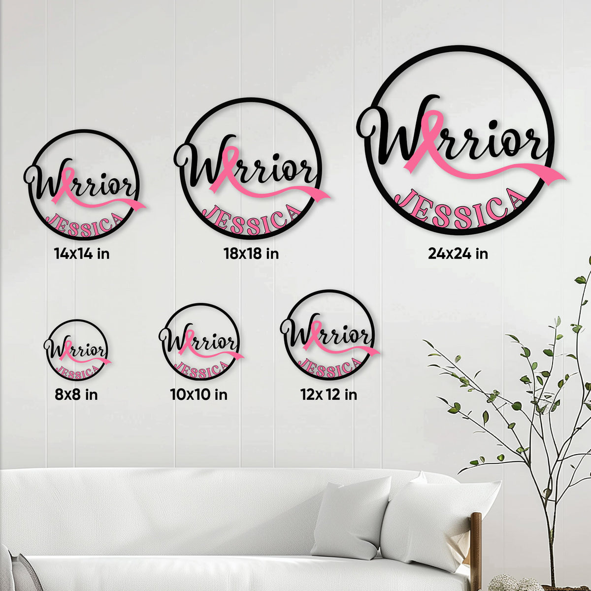 Breast cancer Warrior metal sign size guide showing round sign options from 8 by 8 to 24 by 24 inches