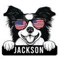 Custom Border Collie metal sign featuring a cheerful dog wearing American flag sunglasses