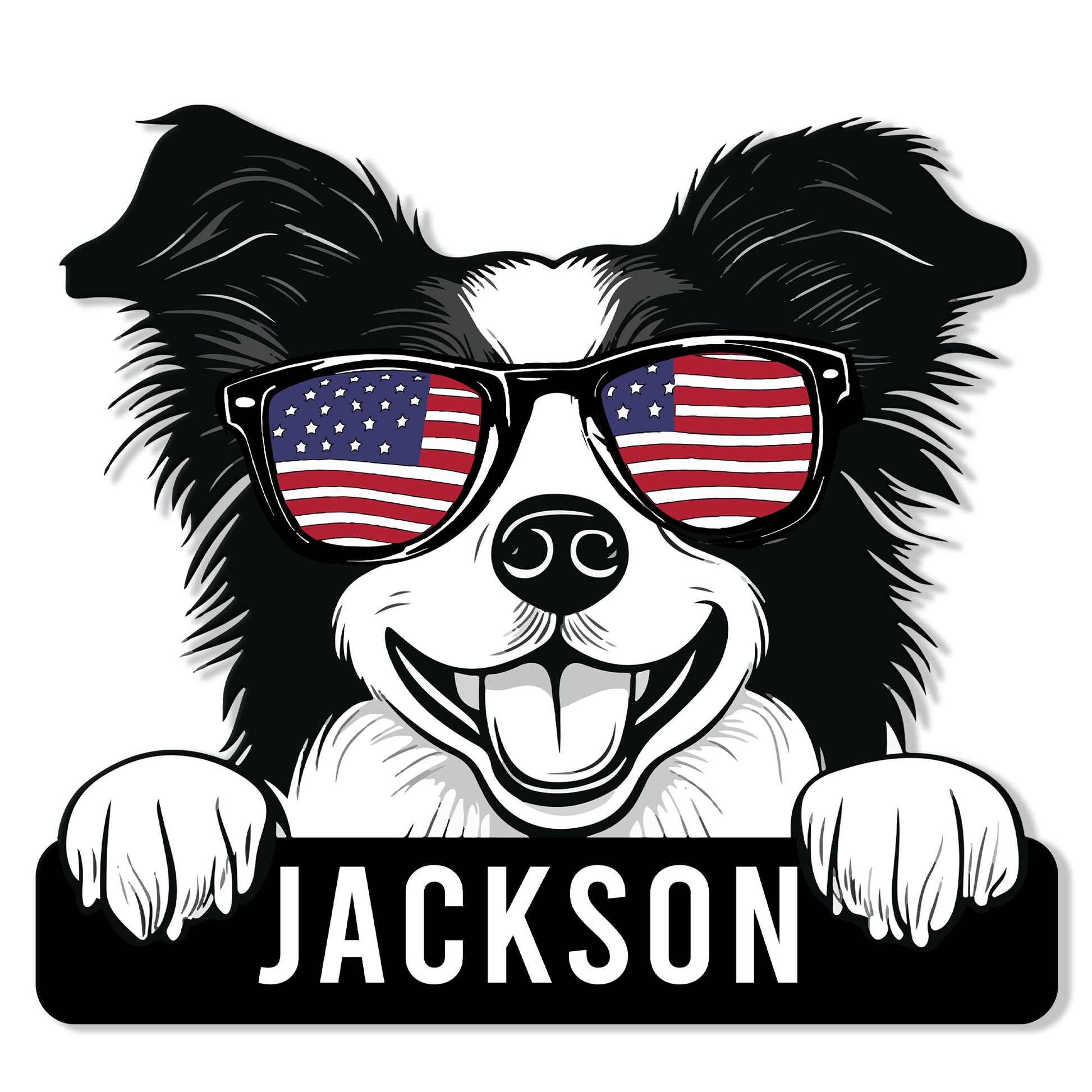 Custom Border Collie metal sign featuring a cheerful dog wearing American flag sunglasses