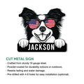 Border Collie metal sign shown with a playful patriotic dog design and bold black nameplate