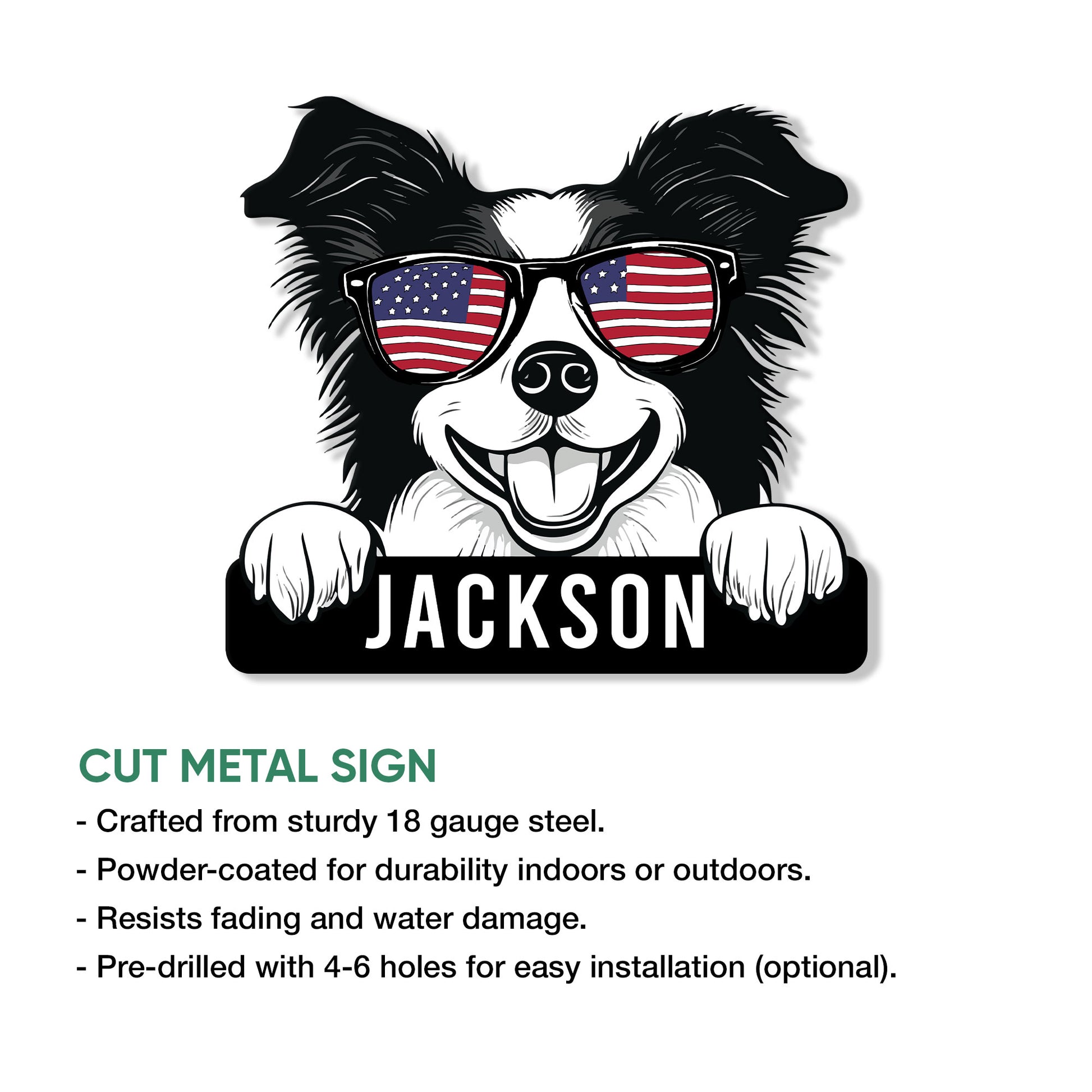 Border Collie metal sign shown with a playful patriotic dog design and bold black nameplate