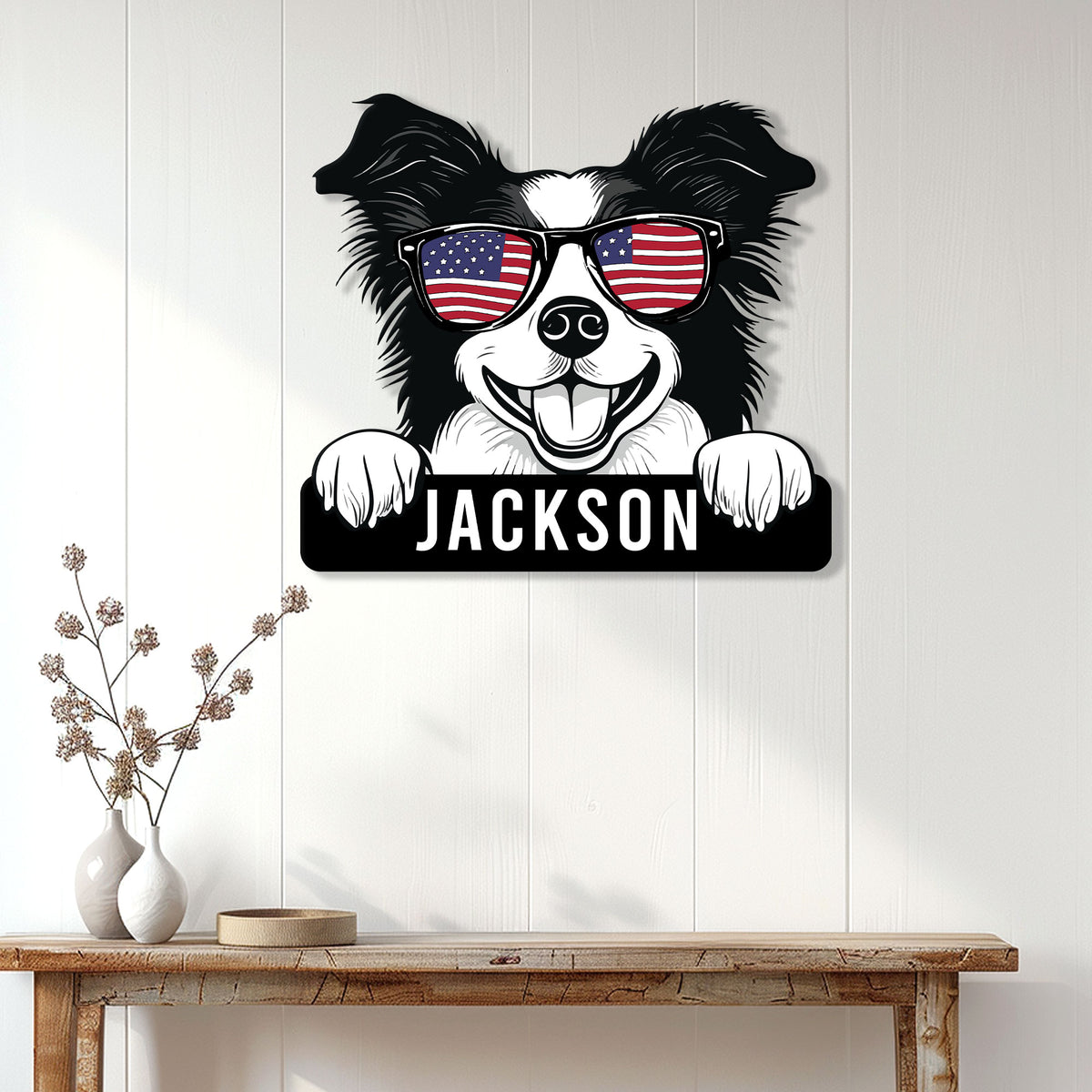 Custom Border Collie wall sign displayed on a white paneled wall in a home entryway