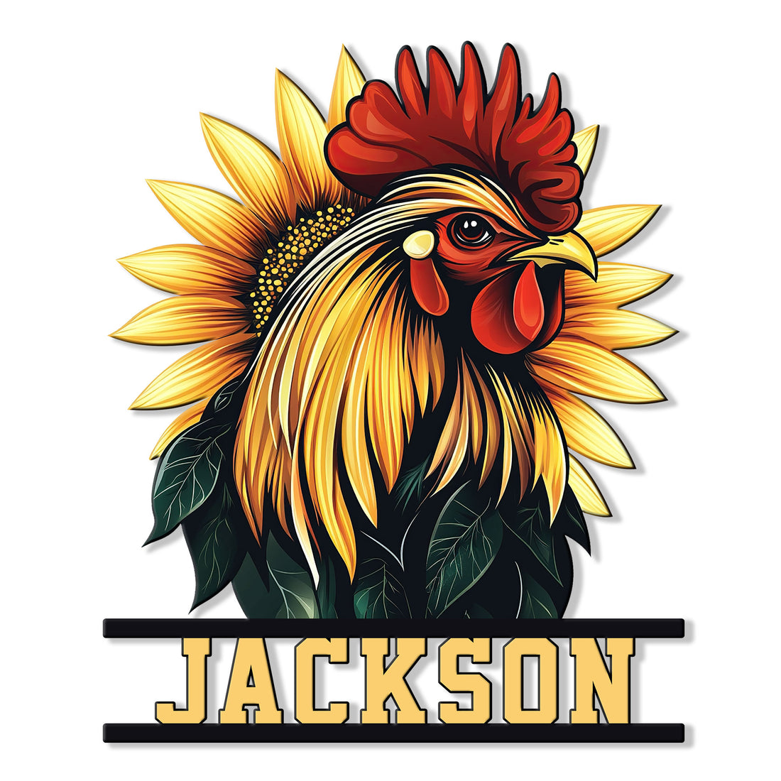 Custom rooster metal sign featuring a bold red-combed chicken surrounded by bright sunflower petals