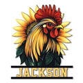 Custom rooster metal sign featuring a bold red-combed chicken surrounded by bright sunflower petals