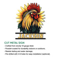 Rooster and sunflower metal sign shown with a decorative name design and indoor or outdoor display details