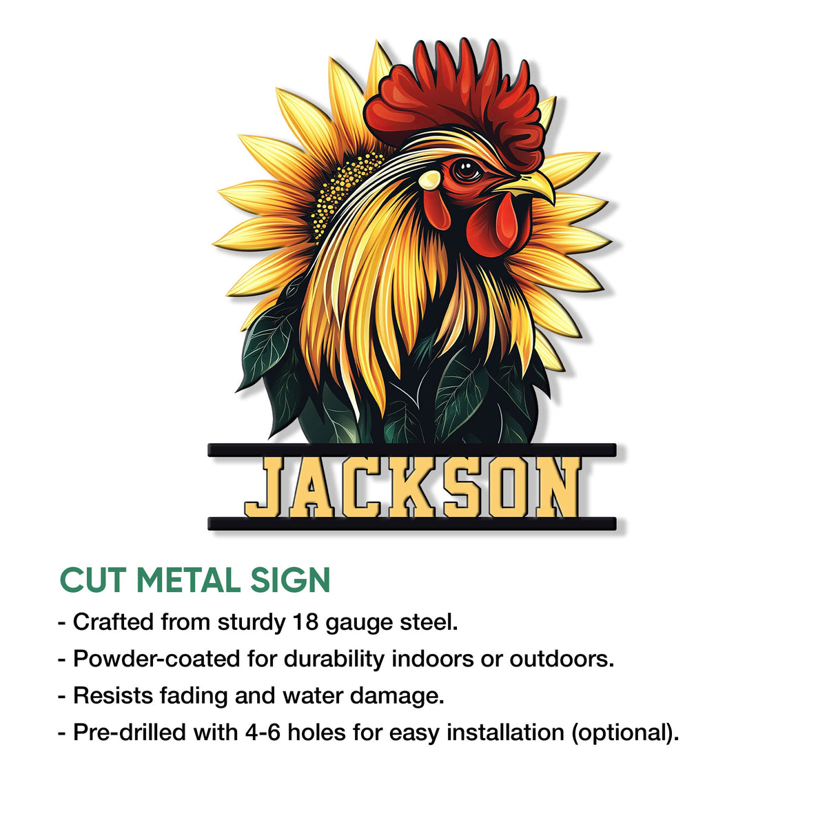 Rooster and sunflower metal sign shown with a decorative name design and indoor or outdoor display details