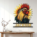 Custom chicken metal wall sign displayed above a console table in a bright farmhouse-style room