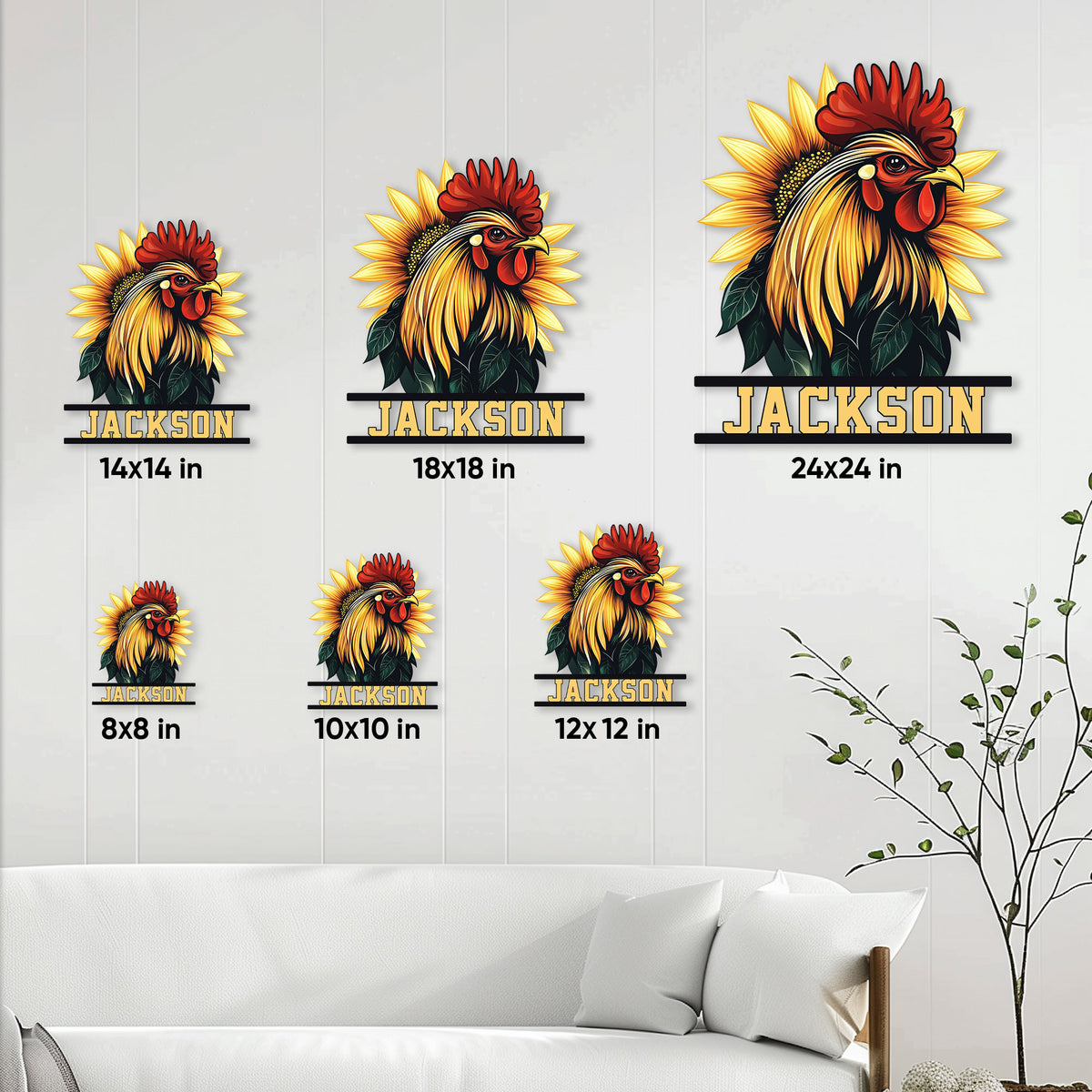 Rooster sunflower metal sign size guide showing available 8x8, 10x10, 12x12, 14x14, 18x18, and 24x24 inch options