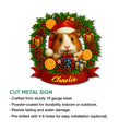 Christmas guinea pig cut metal sign displayed with product feature details for indoor or outdoor decor
