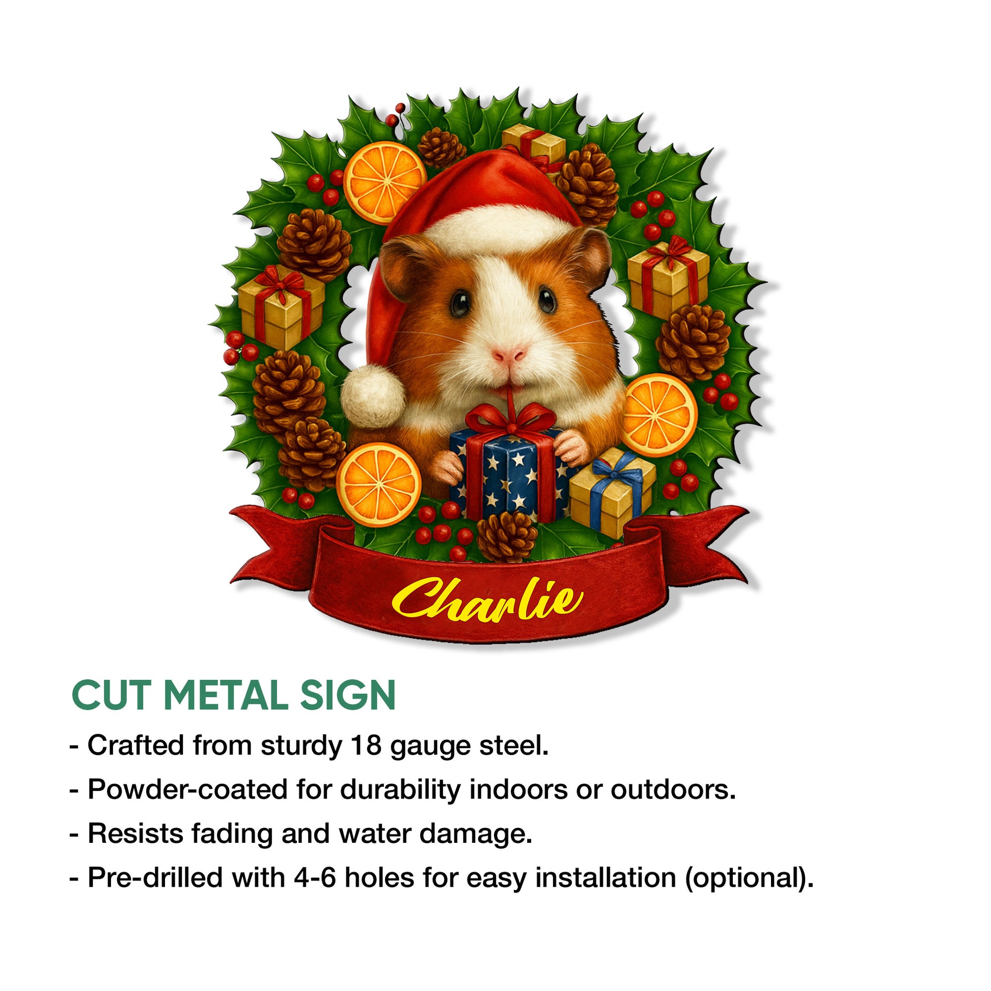 Christmas guinea pig cut metal sign displayed with product feature details for indoor or outdoor decor