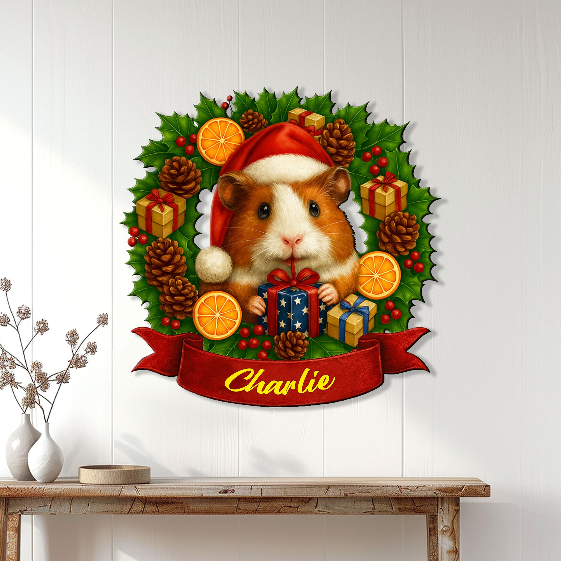 Festive guinea pig metal sign hanging on a white paneled wall above a console table