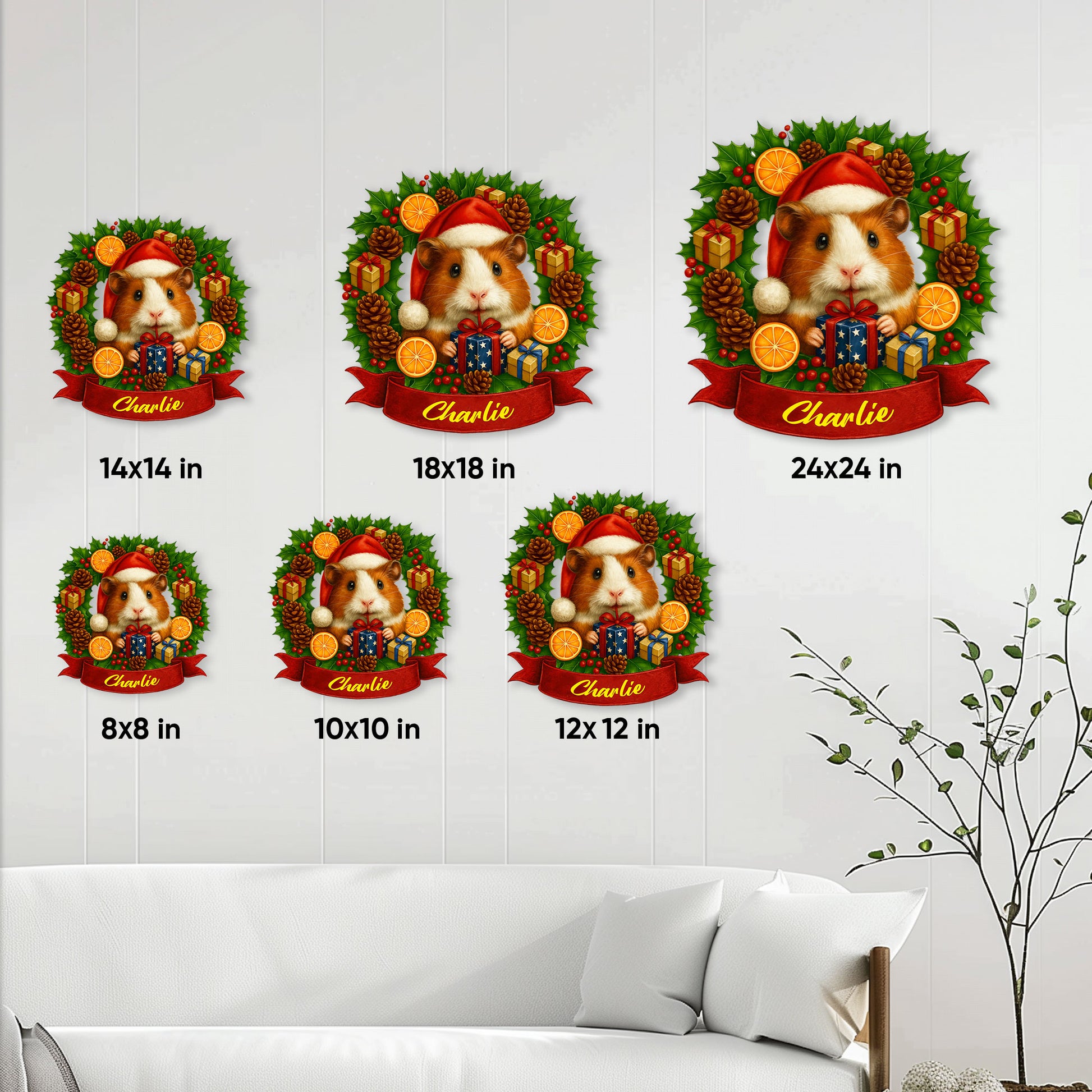Guinea pig metal sign size guide showing six available square size options