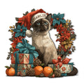 Siamese cat metal sign featuring a Santa hat, poinsettias, wrapped gifts and colorful holiday accents