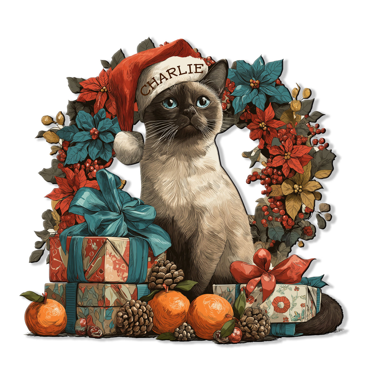 Siamese cat metal sign featuring a Santa hat, poinsettias, wrapped gifts and colorful holiday accents