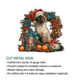 Siamese cat cut metal sign shown with its festive floral artwork and holiday gift display
