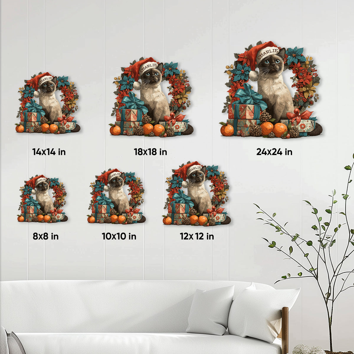 Siamese cat metal sign size guide showing six square size options for wall display