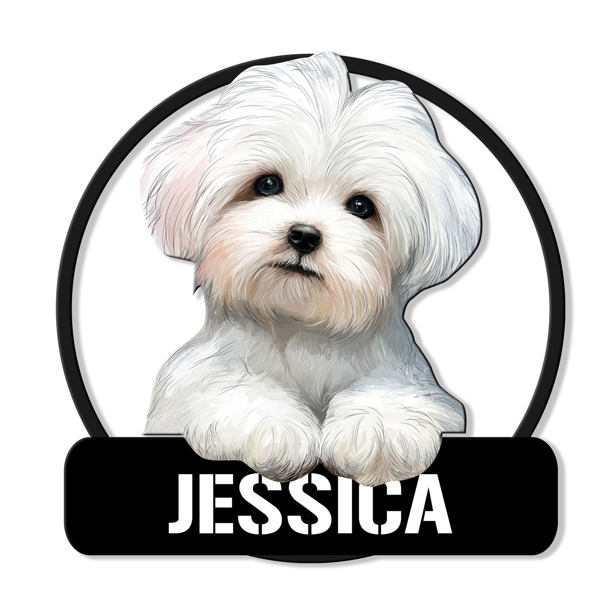 Custom Maltese dog metal sign featuring a fluffy white puppy portrait in a bold circular frame
