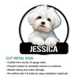 Maltese dog metal sign product graphic showing the puppy portrait and cut metal sign features
