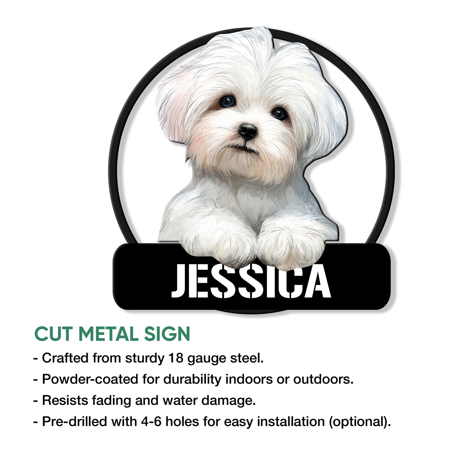 Maltese dog metal sign product graphic showing the puppy portrait and cut metal sign features