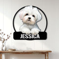 Maltese dog wall sign displayed above a console table in a bright, modern home interior