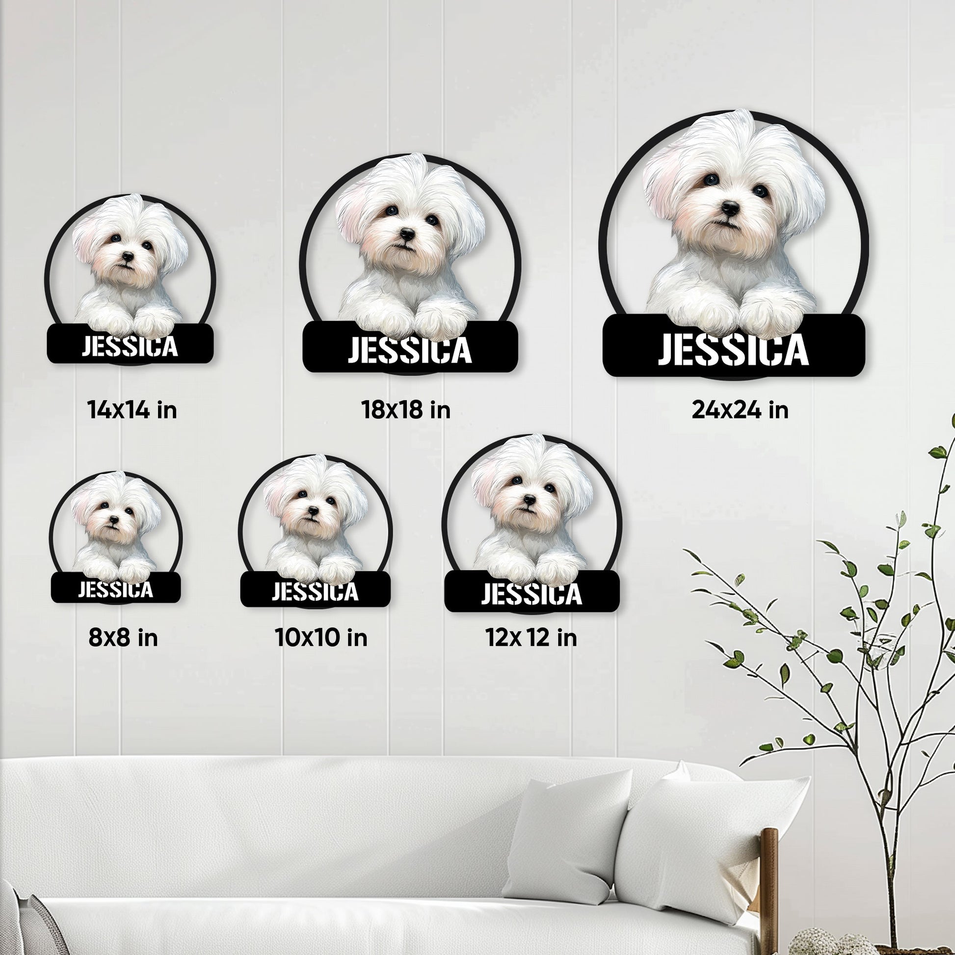 Maltese dog metal sign shown in multiple size options for pet-themed wall decor