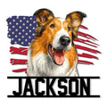 Custom Rough Collie metal sign featuring a detailed sable dog portrait over a distressed American flag