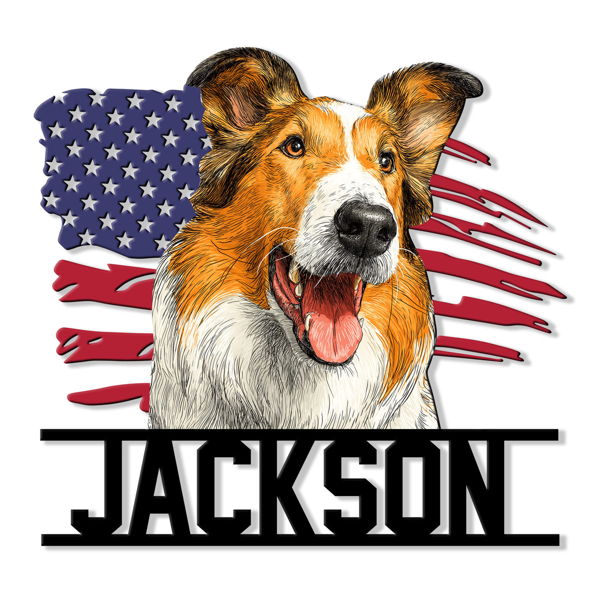 Custom Rough Collie metal sign featuring a detailed sable dog portrait over a distressed American flag