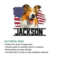 Rough Collie metal sign product graphic showing the patriotic dog design and cut metal sign features