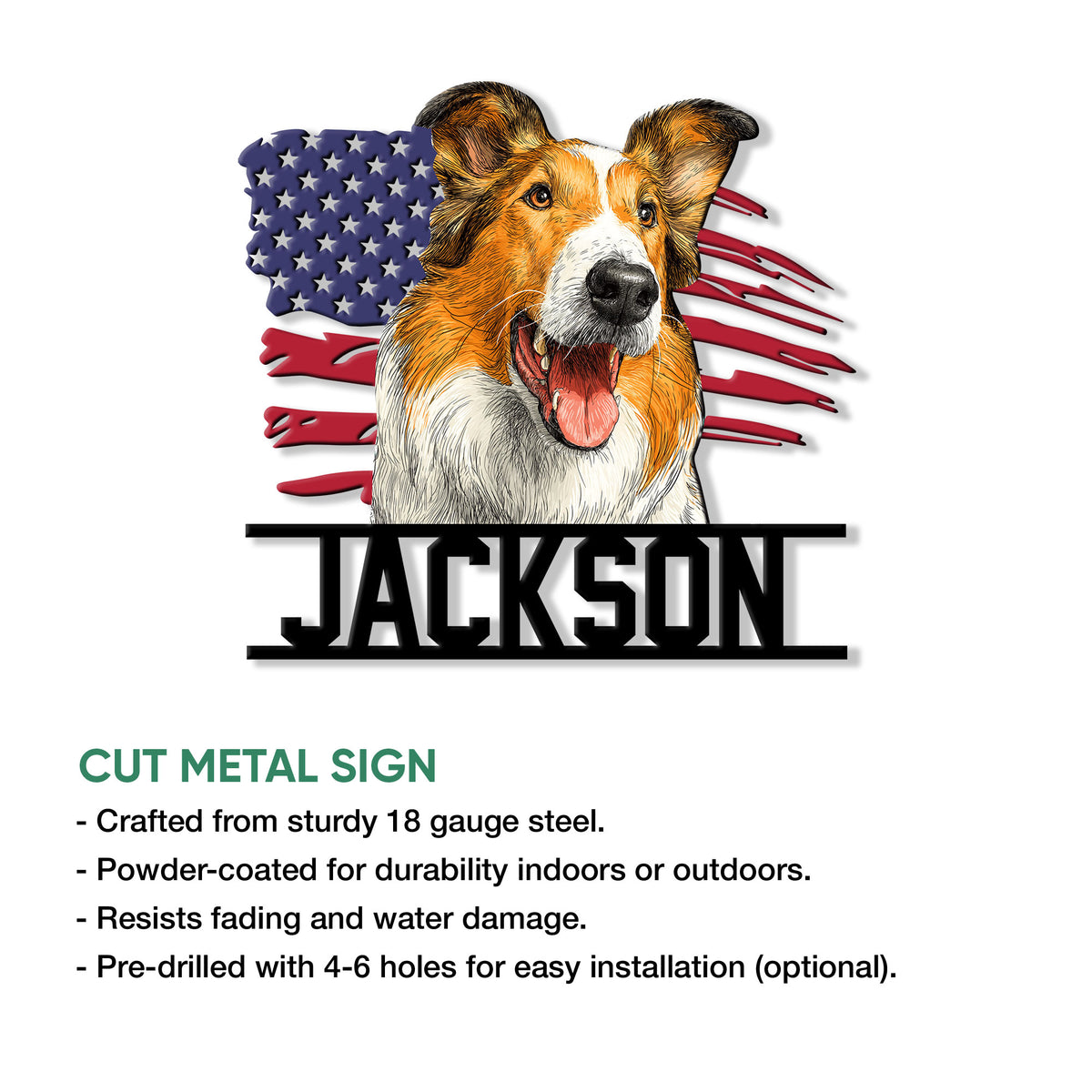 Rough Collie metal sign product graphic showing the patriotic dog design and cut metal sign features