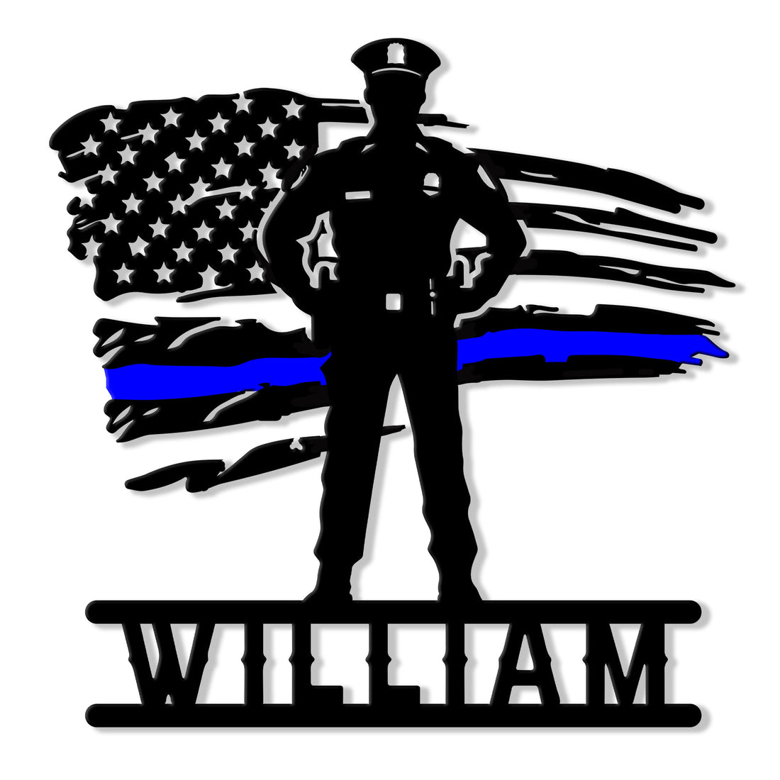 Police officer silhouette standing before a distressed American flag with a blue line on a metal sign