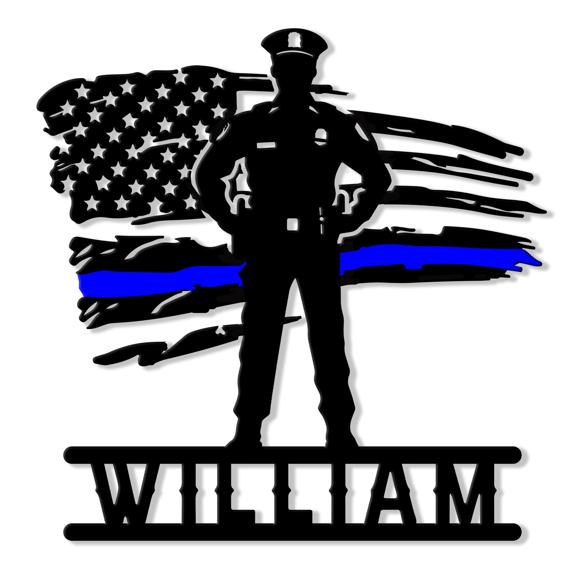 Police officer silhouette standing before a distressed American flag with a blue line on a metal sign