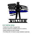 Custom police officer metal sign featuring an American flag silhouette and blue line tribute design