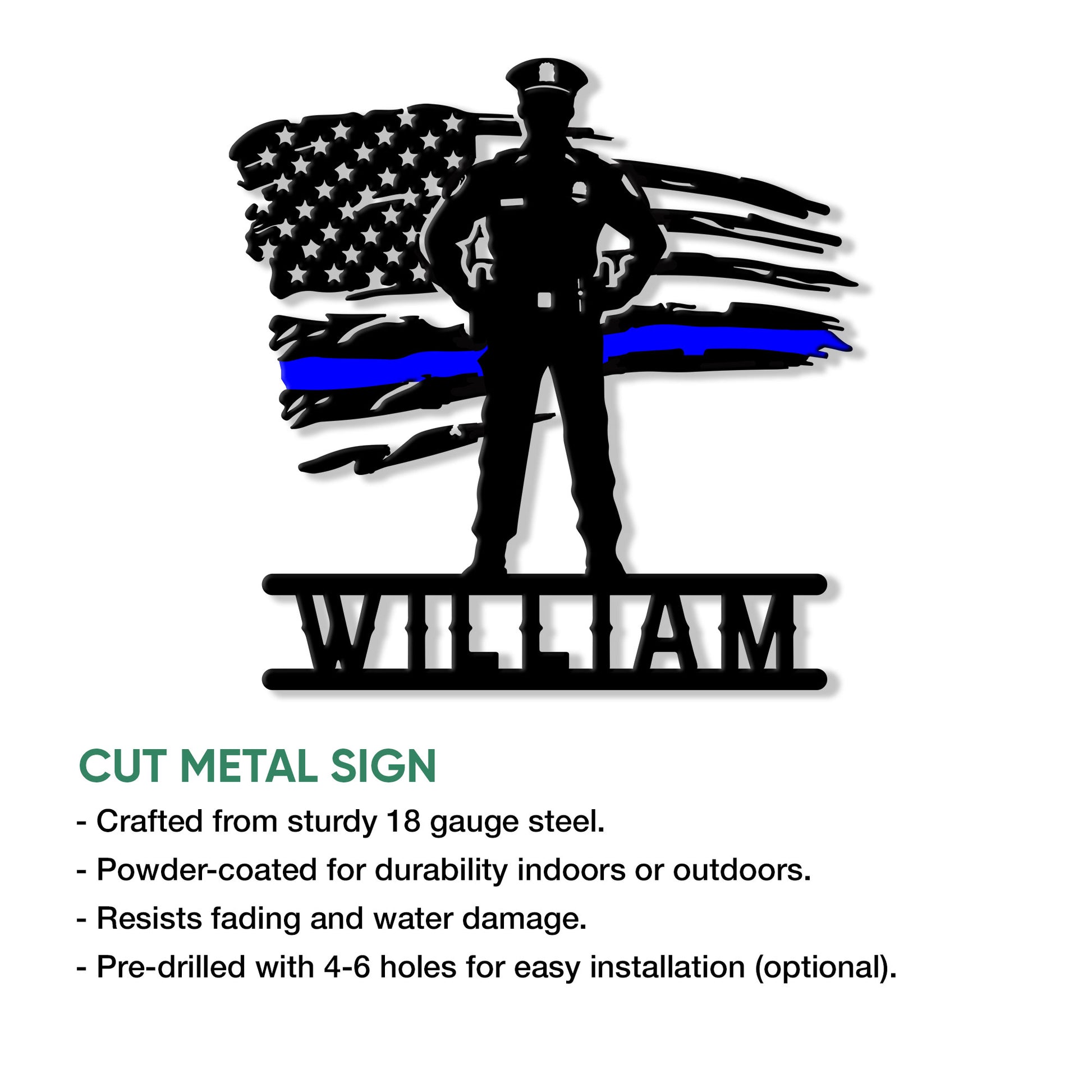 Custom police officer metal sign featuring an American flag silhouette and blue line tribute design