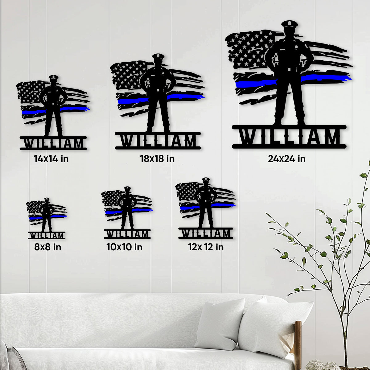 Police officer metal sign shown in six size options ranging from 8 by 8 to 24 by 24 inches