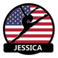 Patriotic gymnastics metal sign featuring a leaping gymnast silhouette against an American flag background