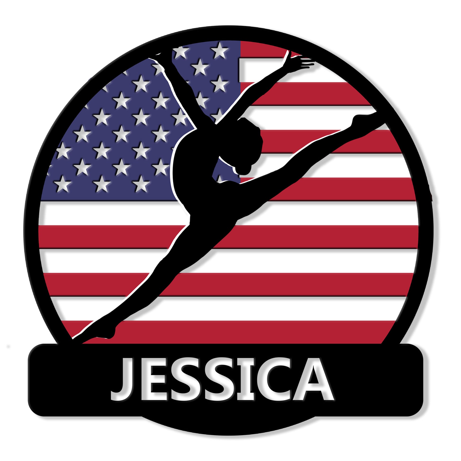 Patriotic gymnastics metal sign featuring a leaping gymnast silhouette against an American flag background