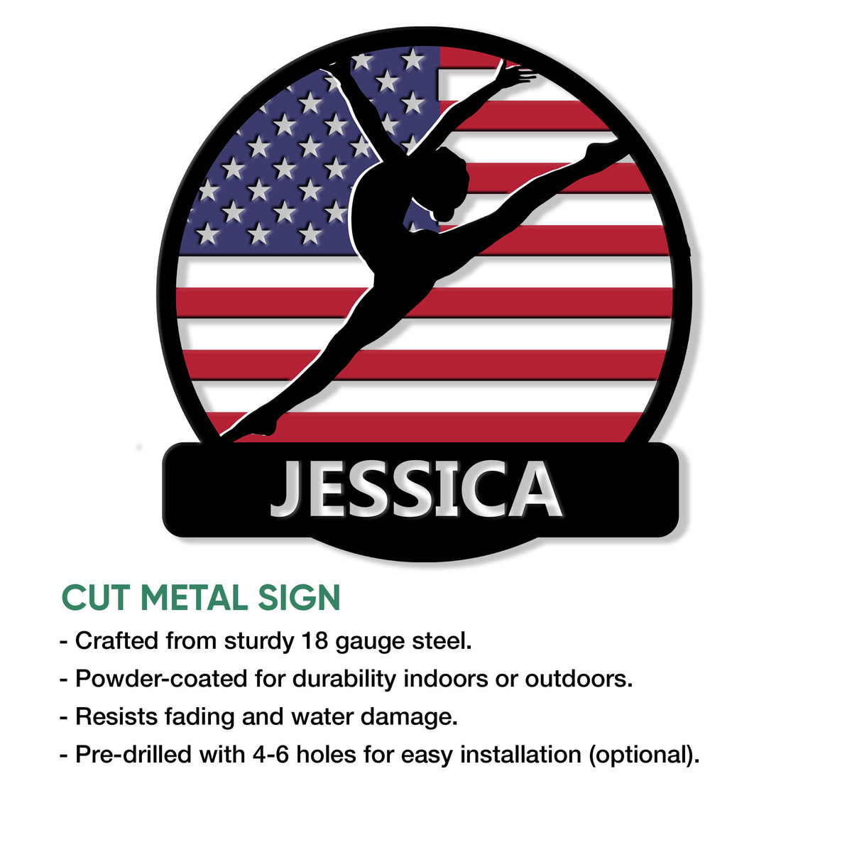 Close-up patriotic gymnast metal sign with a bold silhouette and American flag design