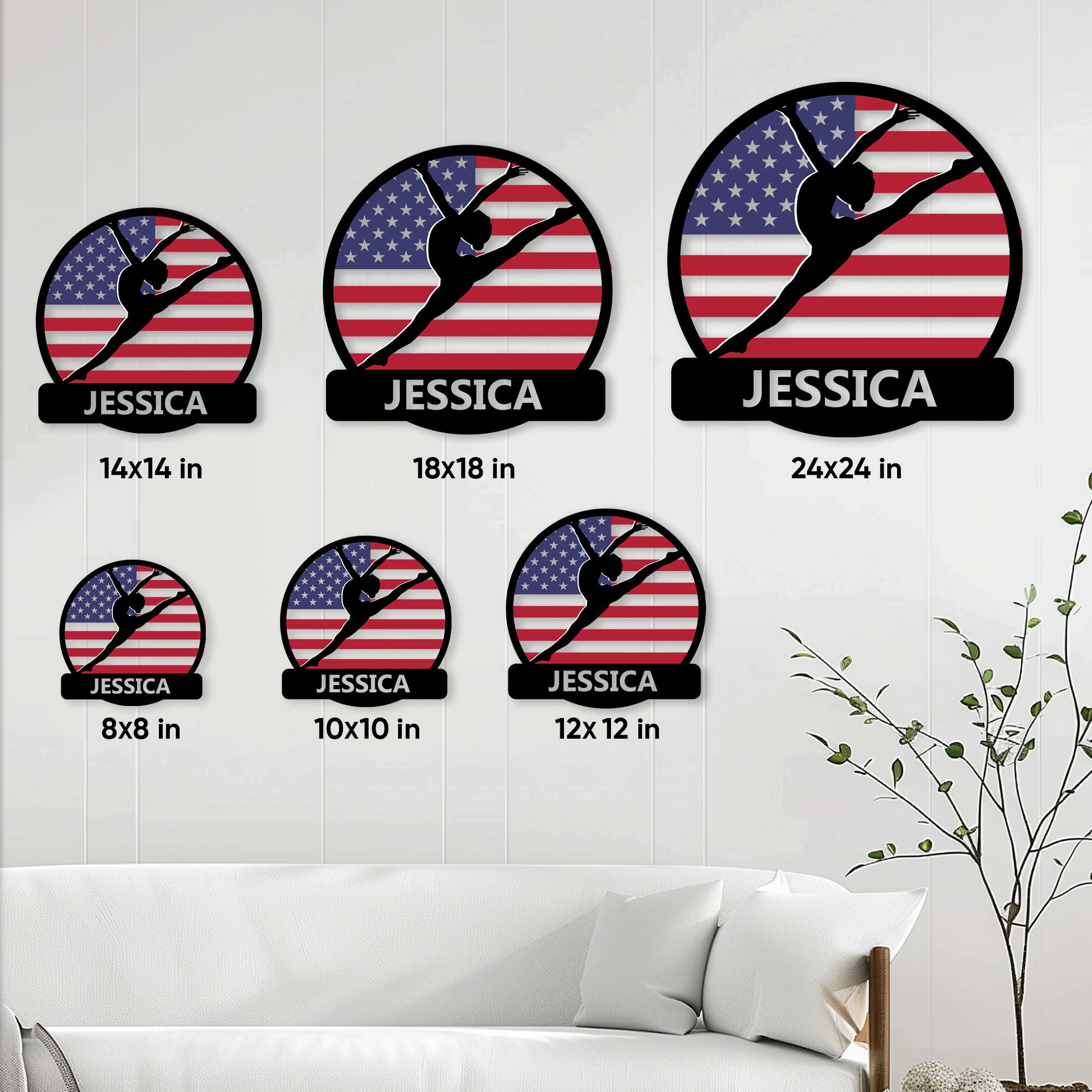 Gymnastics metal sign size guide showing multiple circular sign options in a wall display
