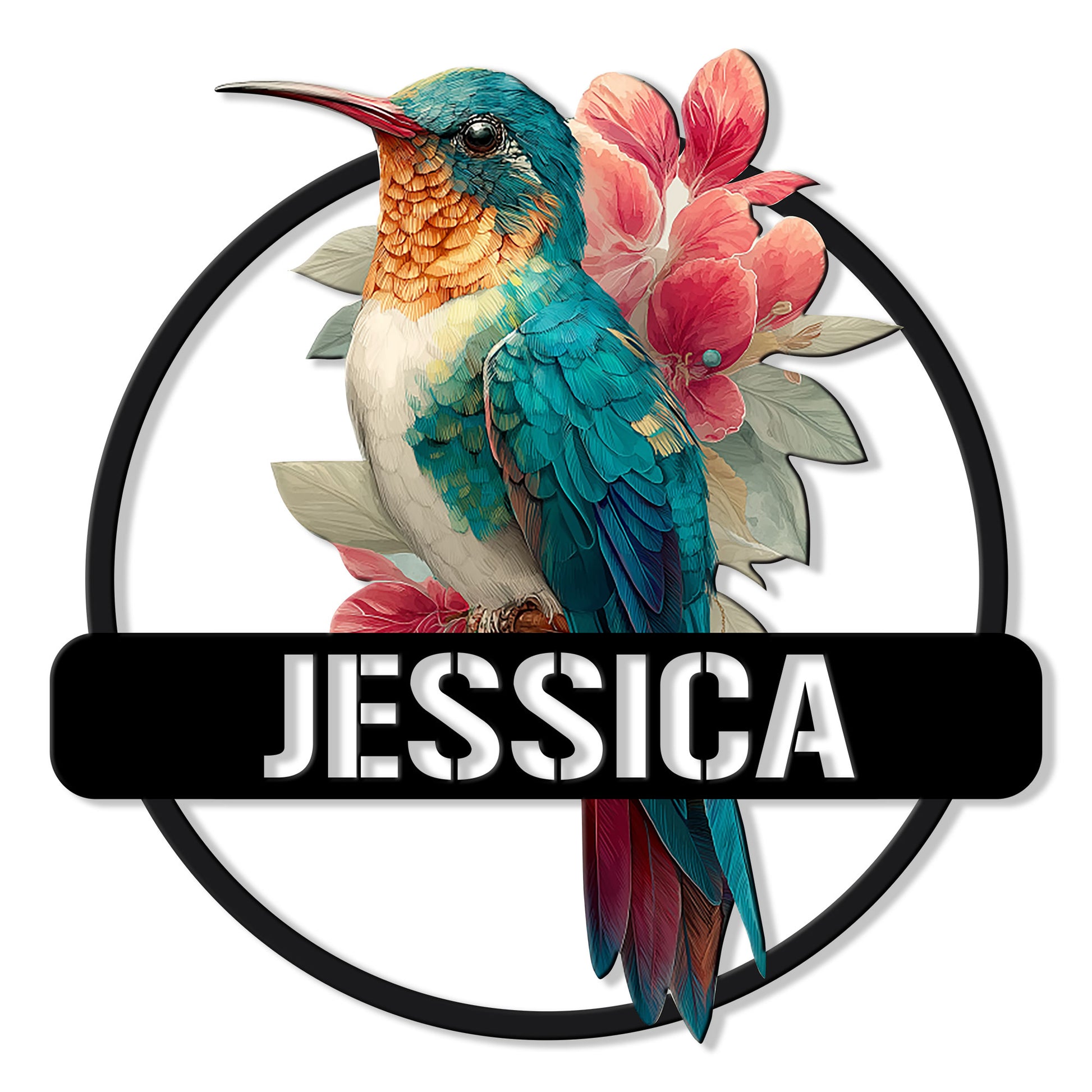 Colorful hummingbird metal sign with pink flowers in a circular frame and a broad custom display bar