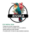Hummingbird flower metal sign shown in a product feature graphic for indoor or outdoor wall decor