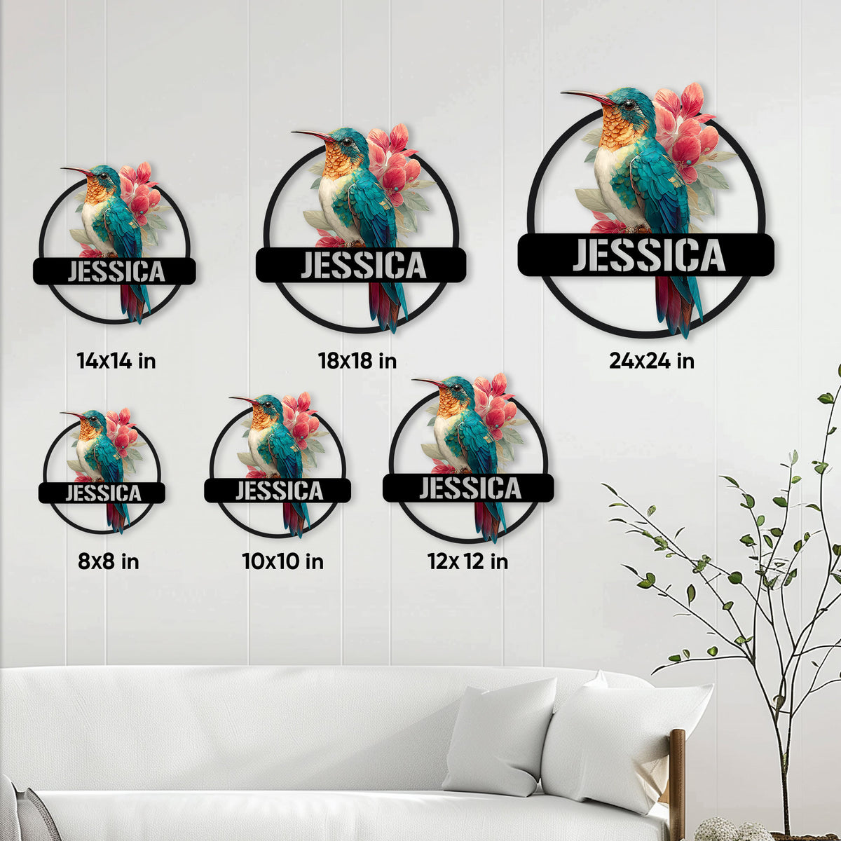 Hummingbird metal sign shown in multiple size options on a bright living room wall