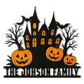 Halloween family metal sign featuring a haunted house, bats, bare trees, and three smiling jack-o-lanterns