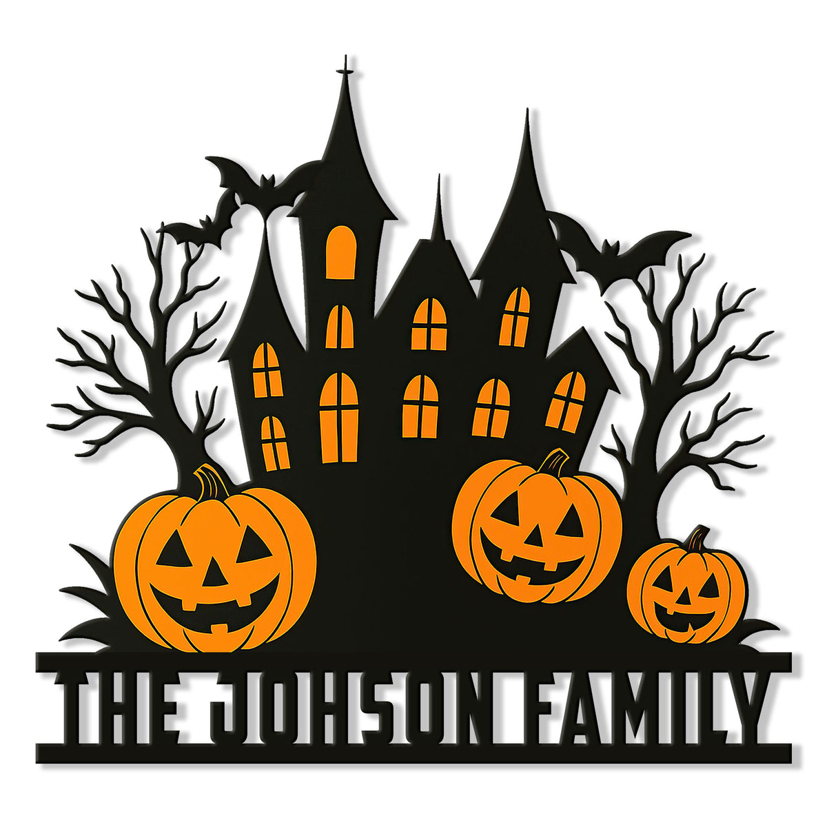 Halloween family metal sign featuring a haunted house, bats, bare trees, and three smiling jack-o-lanterns